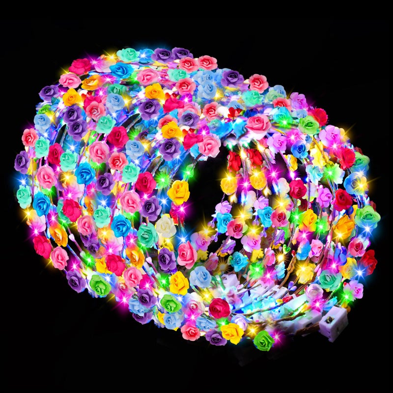 HONLYNE 100 PCS LED Flower Crowns Headbands Light Up Flower Crowns For Women Glow in the Dark Headband for Wedding Reception Birthday Christmas Mardi Gras Cosplay Princess Party Favors